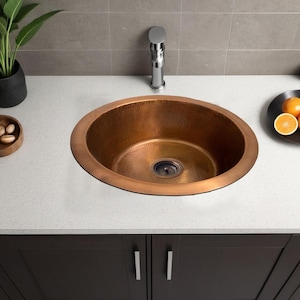 Handcrafted Hammered Copper Sink: Round Rustic Bathroom Counter Sink (17 x 7 inches)