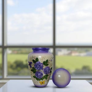 Adult Cremation Urn with Purple Rose embossed - Handcrafted Aluminum Memorial Urn for Human Ashes with capacity up to 240 cu. in or 250 lbs