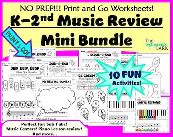 FUN & CUTE! K-2nd Music Review Worksheets for School, Sub Tub, Piano lesson, Homeschool, etc! Kids will love these printable activities!
