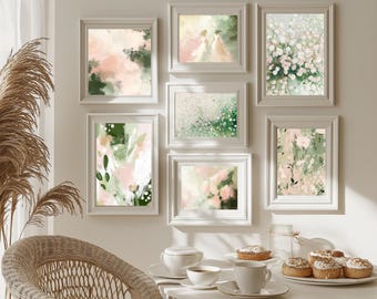 Pastel Floral Art Print Set, Green Pink Flower Wall Art (Digital Download)