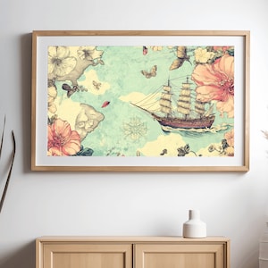 Vintage Floral Ship druckbare Wandkunst Nautische Dekoration Blumendruck Vintage-inspirierte Segelschiff Tropical Art