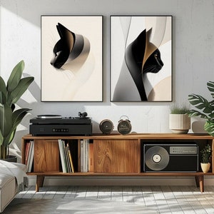 Cat Illustration Set of 2 Minimalist Abstract Prints Modern Wall Art Digital Download Perfect Home Decor for Cat Lovers Black Cat Portraits