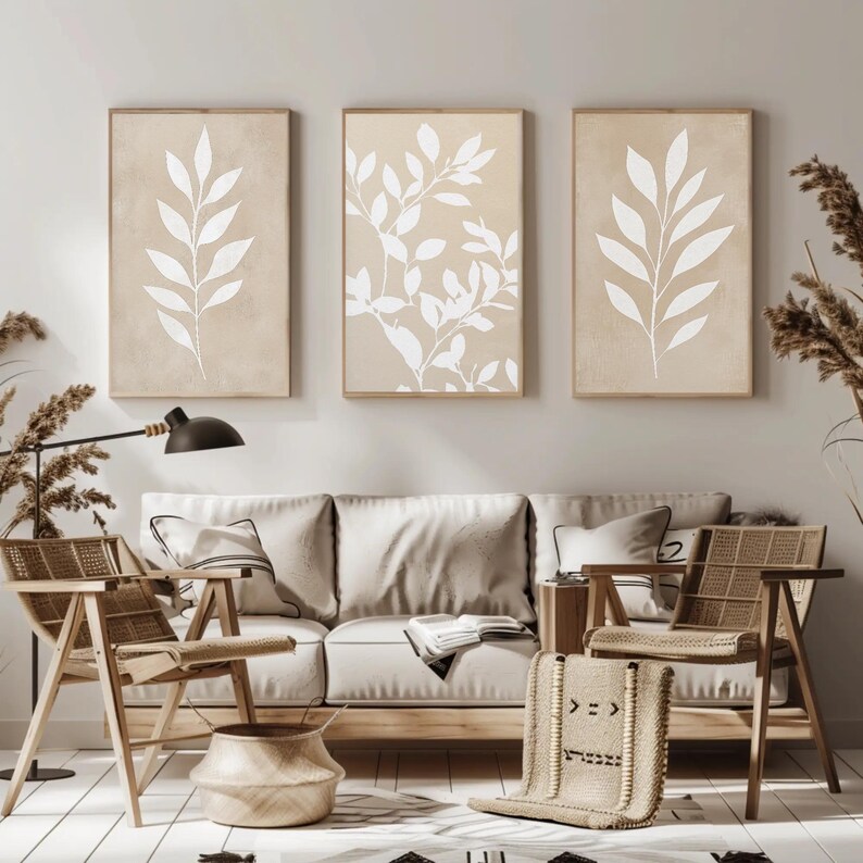 Beige Botanical Prints, Set of 3, Minimalist Leaf Art (digital Download ...