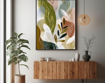 Boho Botanical Print, Abstract Leaf Art, Earthy Green Tones (Digital Download)