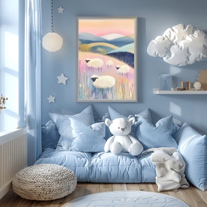 Colorful Sheep Art Print - Pastel Landscape Wall Decor - Digital Download