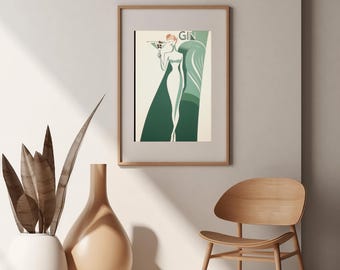 Póster de Martini de ginebra Art Déco, impresión de pared de bar retro (descarga instantánea)