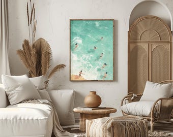 Turquoise Ocean Print, Summer Swimmers Aerial Beach Art (Digital Download)