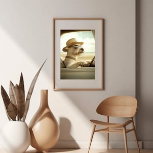 Grappige hond print muur kunst retro hond rijden poster Instant Download afdrukbare kunst vintage hond leuke print