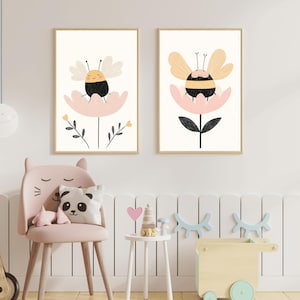 Bumble Bee Wall Art Set of 2 Prints Cute Bee Printable Decor for Baby Nursery or Kids Room Instant Download Digital Buzzy Bee Art Print
