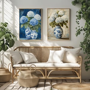 Conjunto de 2 impressões de hortênsia em azul e branco Floral Art Decor Classic Botanical Wall Art para casa ou escritório Download digital