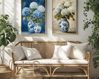 Set of 2 Hydrangea Prints in Blue and White Floral Art Decor Classic Botanical Wall Art for Home or Office Digital Download