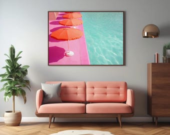Sommer am Pool Kunstdruck, Retro Sonnenschirme (Digitaler Download)