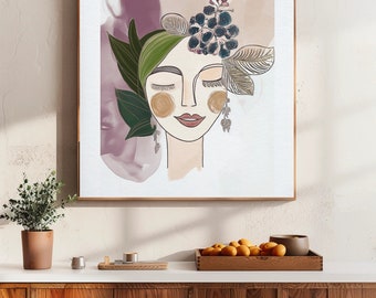 Minimalist Woman with Flowers Print, Fine Line Art (Digital Download)