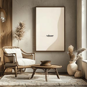 Minimalistische Wand Kunst Druckbare ruhige Kanu auf dem See Digital Download Moderne Neutral Wohnkultur für Wohnzimmer oder Büro Zen Wand drucken