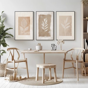 Beige Botanical Line Art Set of 3 - Minimalist Plant Prints - Neutral Wall Art - Instant Download