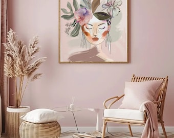 Female Floral Line Drawing, Modern Minimalist Wall Art, Woman with Flowers Decor Gift