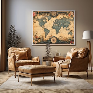 Impresión de mapa floral Mapa botánico vintage Decoración de estilo antiguo Arte de pared imprimible vintage Ilustración de mapa del mundo
