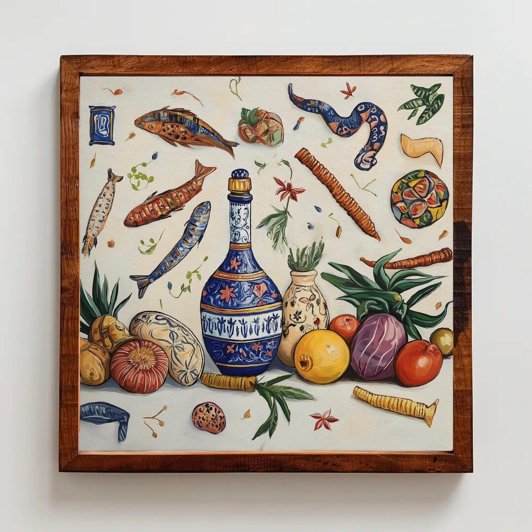 set of three mediterranean kitchen prints | framed... Mediterranean Kitchen Still Life Art Print, Boho Food & Wine (digital ...