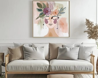 Floral Head Woman Print, Minimalist Fine Line Art (Digital Download)