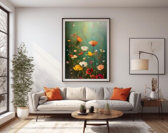 Kleurrijke papaverveldkunstprint | Muurdecoratie wilde bloementuin (digitale download)