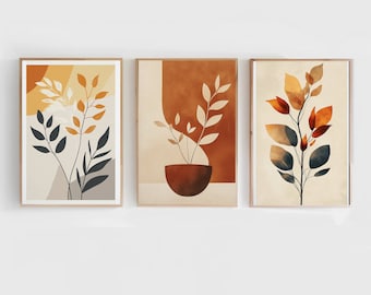 Botanische muurkunstset, minimalistische bladerenprint (digitale download)