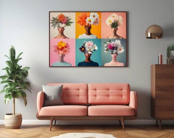 Floral Head Portrait Art Print, Modern Colorful Wall Decor (Digital Download)