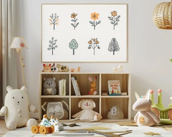 Arte botánico minimalista, impresión digital de plantas sencillas, arte floral para pared de guardería, decoración para habitación de niños, descarga digital, bonita flor imprimible