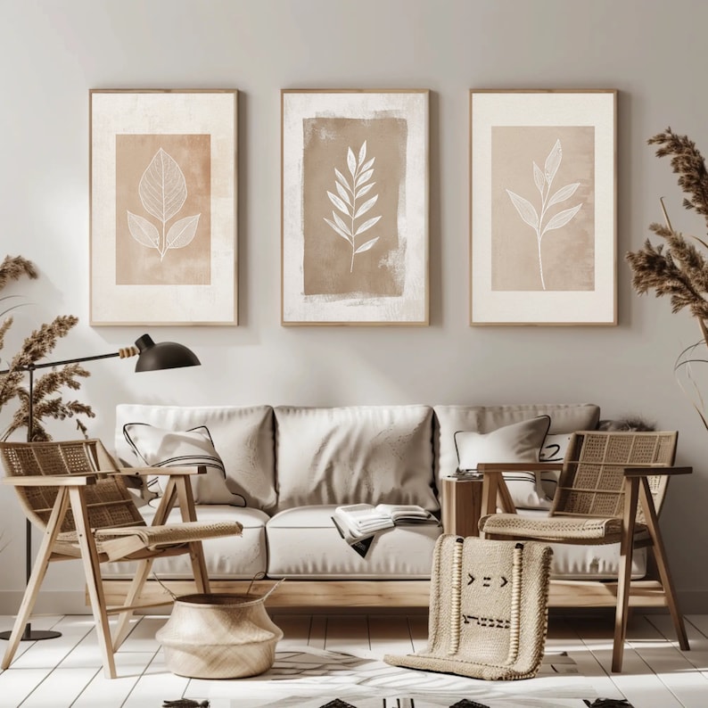Beige Botanical Line Art Set of 3 - Minimalist Plant Prints - Neutral ...