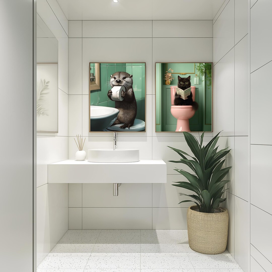 Funny Bathroom Wall Art Set of 2, Cat & Otter, Quirky Animal Digital ...