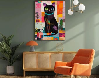 Impression d'art chat noir - décoration d'intérieur maximaliste colorée (téléchargement numérique)