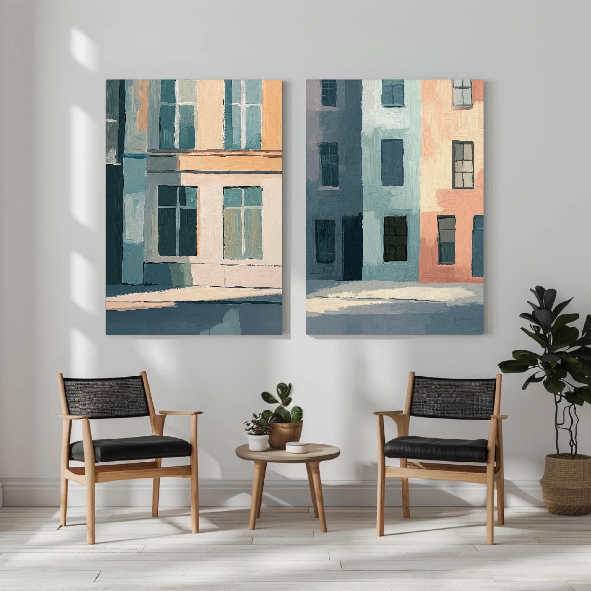 Modern Abstract Building Wall Art Set of 2 Minimalist Cityscape Prints ...