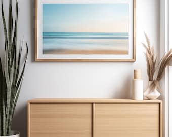 Minimalist Coastal Horizon Art Print, Blue Beach Seascape (Digital Download)
