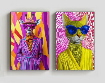 Láminas de pared de animales coloridos de arte pop: gato y jirafa divertidos, descarga instantánea (juego de 2)