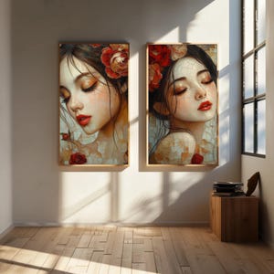 Set of 2 Elegant Woman Portrait Wall Art Floral Beauty Digital Download Feminine Aesthetic Printable Art Boho Decor Bedroom Decor Gift