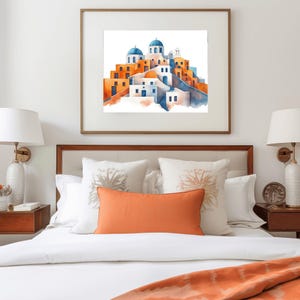Greek Island Village Illustration Watercolor Art Print Santorini-Inspired Digital Download Mediterranean Wall Art Decor