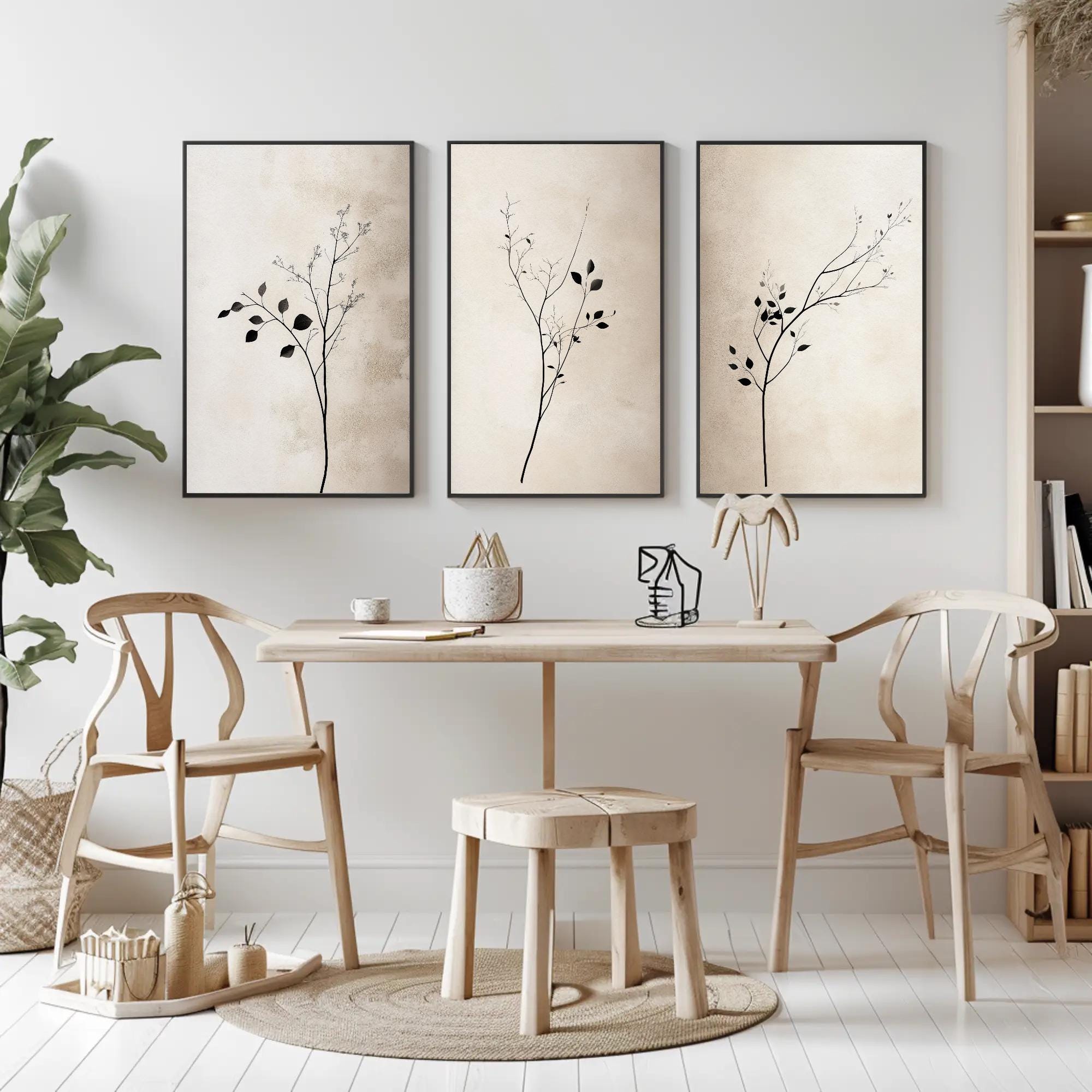 Japandi Wall Art Set of 3 Minimalist Botanical Prints Modern Neutral ...