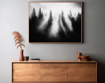 Misty Pine Forest Print, schwarz weiss Natur Fotografie (Digitaler Download)