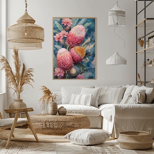 Pink Protea Floral Art Print Watercolor Native Flowers Illustration Nature Wall Art Botanical Decor Instant Download Digital Print