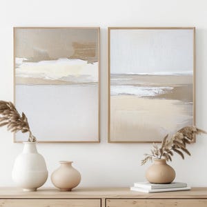 Neutral Abstract Printable Wall Art, Minimalist Landscape Digital Download, Modern Beige and White Coastal Art Print Set of 2 Prints
