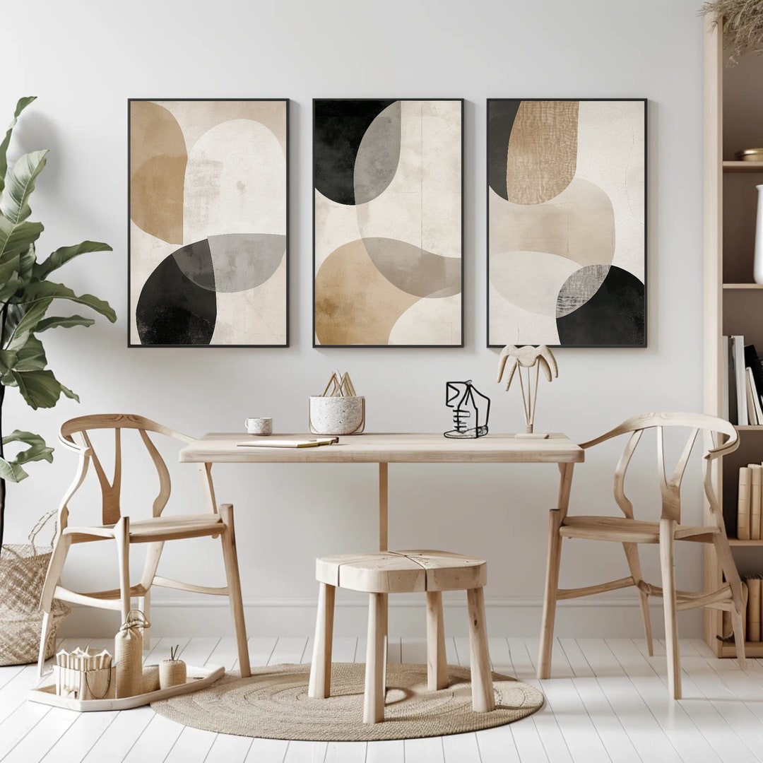 Set of 3 Minimalist Abstract Oval Wall Art - Neutral Beige and Black ...