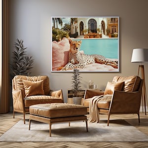 May include: A cheetah lounges on a pink chaise lounge in front of a swimming pool and a large house. The cheetah is looking directly at the camera. The image is in a vintage style.