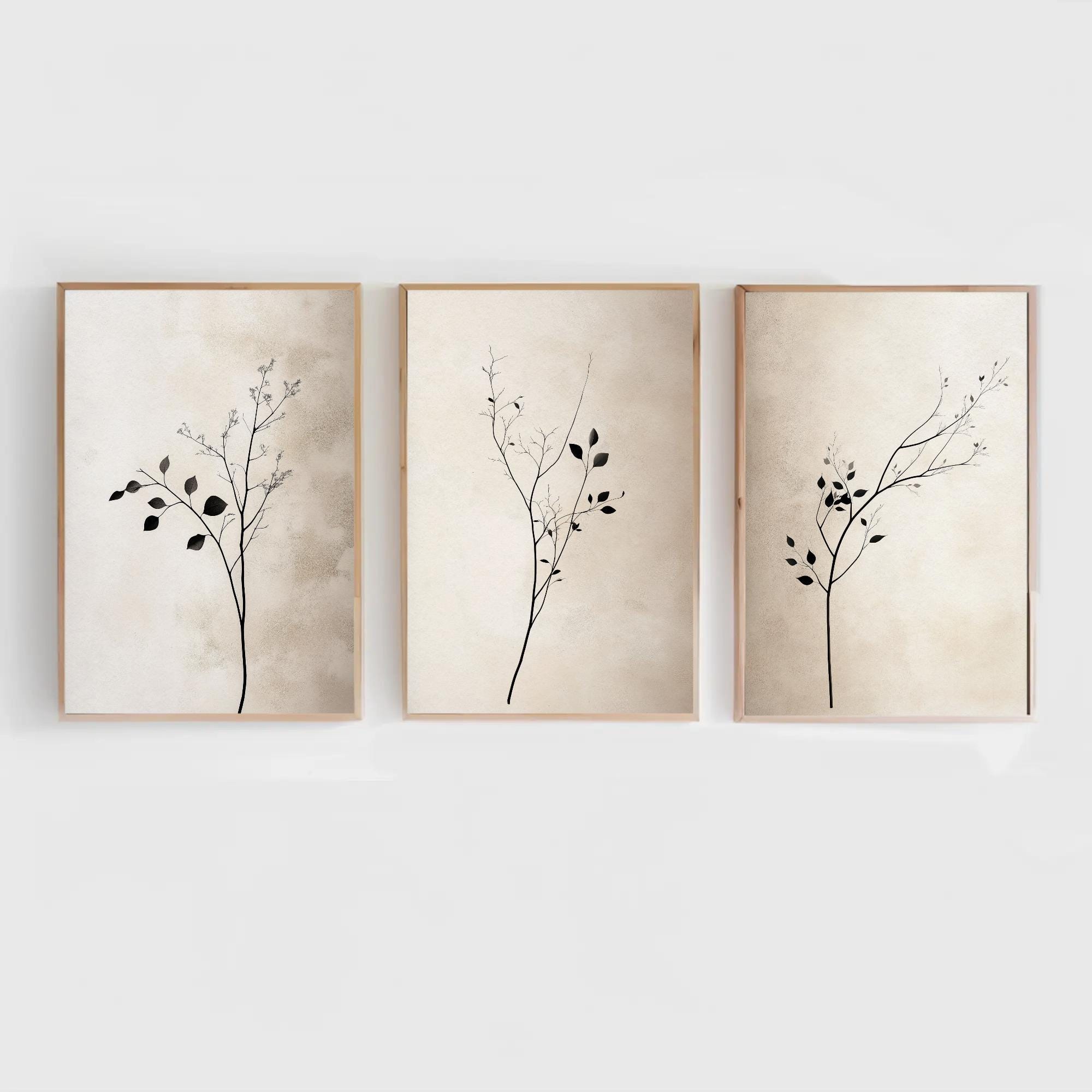 Japandi Wall Art Set of 3 Minimalist Botanical Prints Modern Neutral ...