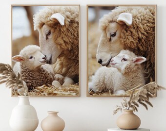 Sheep and Lamb Digital Art Set of 2 Wall Prints for Nursery, Home Decor