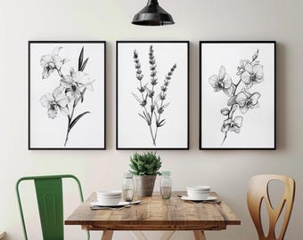 Botanical Flower Sketch Prints, Minimalist Line Art Set of 3 (Digital Download)