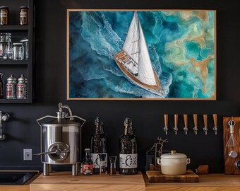 Wydruk artystyczny z żaglówką, obraz z falami oceanu przybrzeżnego (pobranie cyfrowe)