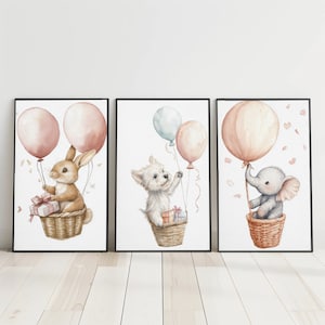 Baby Animal Balloon Prints Cute Nursery Decor Animal Print Set Set of 3 Digital Download Watercolour Illustrations for baby