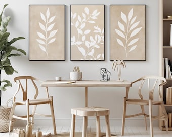 Beige Botanical Prints, Set of 3, Minimalist Leaf Art (Digital Download)
