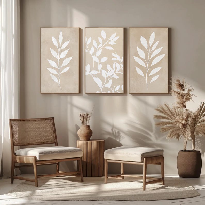 Beige Botanical Prints, Set of 3, Minimalist Leaf Art (digital Download ...