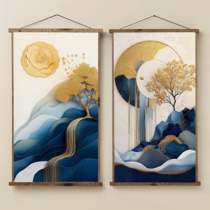 Modern Wall Art Set of 2 Blue and Gold Abstract Nature Digital Prints for Elegant Home Décor, Contemporary Wall Art for Living Room