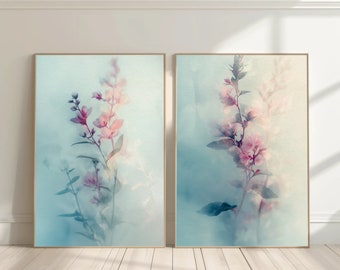 Misty Pink Flowers Set of 2, Dreamy Floral Art, Botanical Wall Art, Soft Pastel Decor, Minimalist Nature Prints, Digital Files blue and pink
